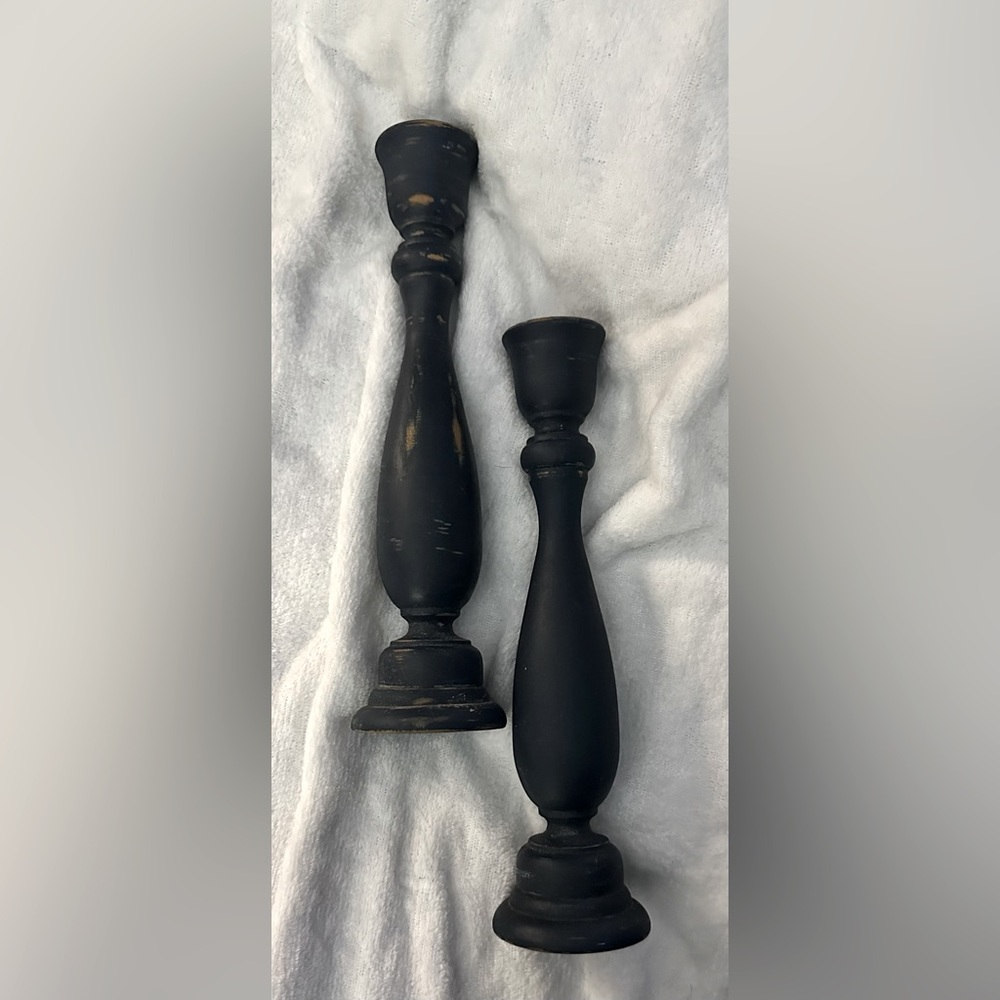Carved Candle Holders; Handmade; Farmhouse Style; Blue with Vintage Wear